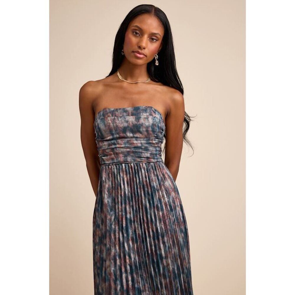 Lulus Islya Slate Blue Multi Abstract Pleated Strapless Maxi Dress - Size M